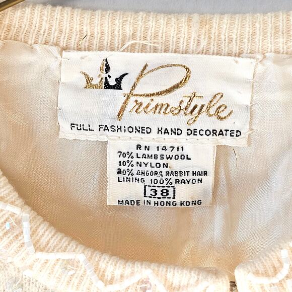 Vintage Beaded Cardigan Sweater Primstyle 38 Cream Angora Wool Sequin Hong Kong - Picture 9 of 16